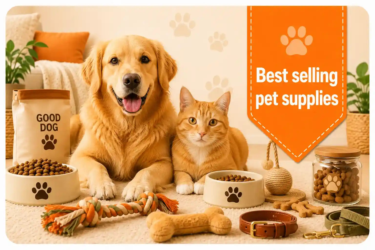 Best Sellers collection image with a happy dog and cat, pet food, toys, bowls, bed, grooming brush, collar, leash, and daily pet essentials