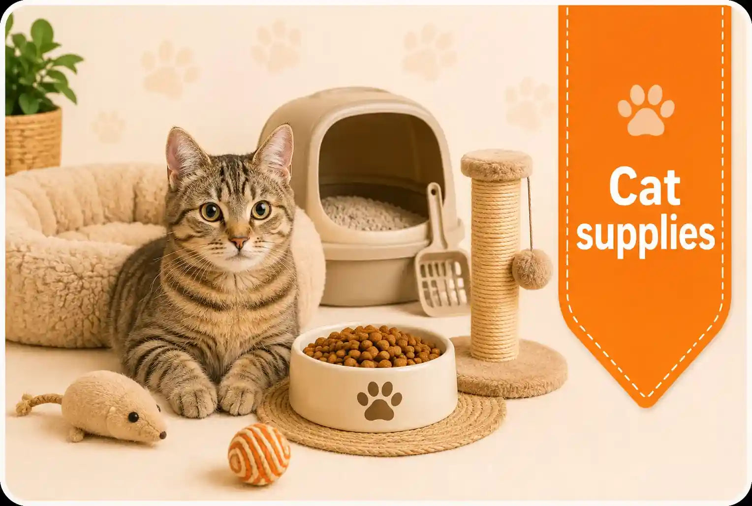 Cat Supplies collection image with a cute orange kitten, cat food bowl, treats, scratching post, and cat toys