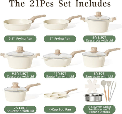 Kitchen Cookware Sets Pots and Pans Set Non Stick 21 Pcs | Granite Induction Cookware with Steamer Basket Nonstick Cooking Pot and Pan Set 4-Cup Egg Pan Set PFOS PFOA Free Cream White2