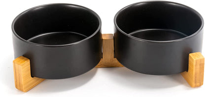 SPUNKYJUNKY Ceramic Dog and Cat Bowl with Wood Stand Non-Slip Matte Glaze Weighted Food Water Set for Cats &Small Dogs 13.5OZ24