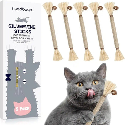 5 Pack Silvervine Sticks Cat Toys, Natural Chew Kitten Teething Toys for Cleaning, Matatabi Catnip Treat Toys, Catmint Silver Vine Sticks for Bored Indoor Kitty1