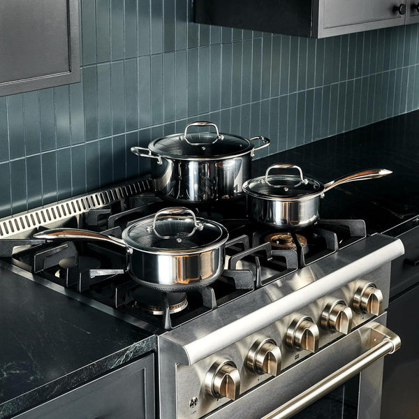 Hexclad Hybrid Nonstick 18-Piece Cookware Set, 2, 3, and 8Qt Pots with Lids, 2 Silicone Trivets, 8", 10", and 12" Pans with Lids, 7Qt Chicken Fryer with Lid, and 14" Wok with Lid, Stay-Cool Handles3
