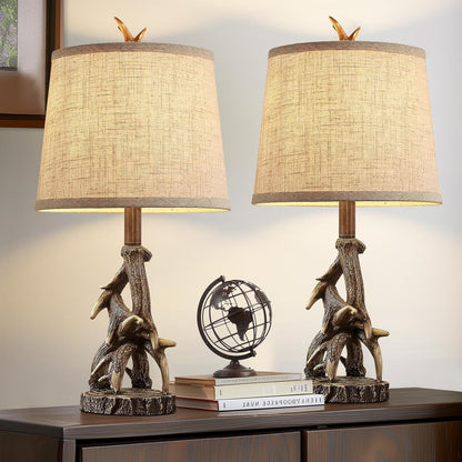 23'' Rustic Farmhouse Table Lamps Set of 2 Deer Antler Lamps for Bedroom Nightstand Lamp Western Cabin Side Lamp for Living Room End Table Study Room Desk,Brown1