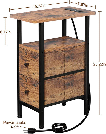 Narrow End Table with Charging Station, Side Tables Living Room | End Tables Living Room Set of 2, Skinny Nightstand with Fabric Drawers for Bedroom, Small Spaces, Rustic Brown3