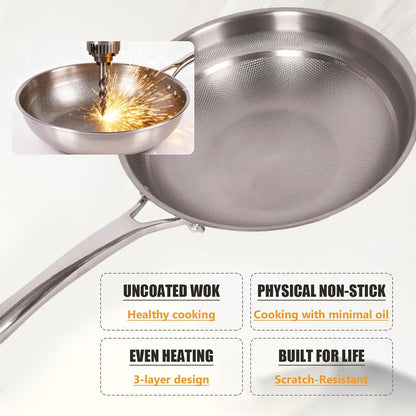 Titanium Hammered Wok with Lid, Pure, No Coating Non-Stick Titanium Pans for Cooking, Flat Bottom Wok, Ultra-Durable, Scratch-Resistant, Compatible with All Cooktops,12.6In3