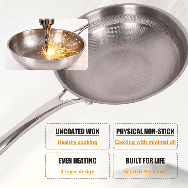 Titanium Hammered Wok with Lid, Pure, No Coating Non-Stick Titanium Pans for Cooking, Flat Bottom Wok, Ultra-Durable, Scratch-Resistant, Compatible with All Cooktops,12.6In3