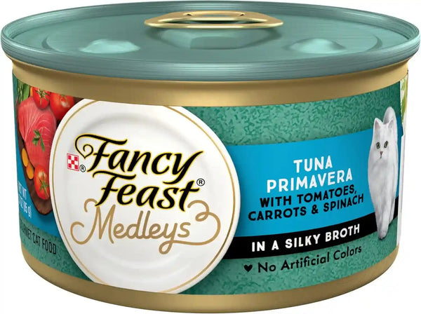 Purina Fancy Feast Wet Cat Food, Medleys Tuna Primavera with Tomatoes, Carrots and Spinach in a Silky Broth - (Pack of 24) 3 Oz. Cans1