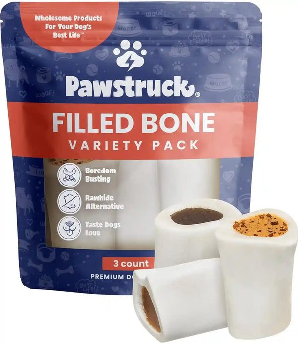 Pawstruck Large 5-6” Filled Dog Bones Variety Pack - Peanut Butter, Cheese & Bacon, Beef Flavors - Made in USA, Long Lasting Stuffed Femur Treat for Aggressive Chewers - Pack of 3, Packaging May Vary14