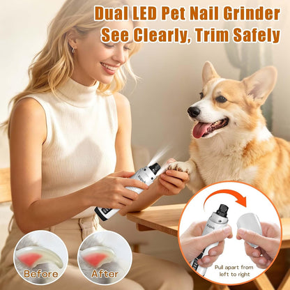 Dog Nail Grinder with 2 LED Lights, 4-Speed Pet Nail Grinder for Dogs&Cats | Kapvis Electric Dog Nail Trimmer Quiet, 2 Grinding Heads Included, Digital Display&2 LED Lights, 2.5Hr Charge for 480Min Use3