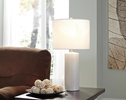 Signature Design by Ashley Table Lamp Set of 2, White Ceramic, 3-Way | Textured White Ceramic Base with Soft Drum Shade, 25-Inch Height Elevates Living Room End Tables, Steuben Series2