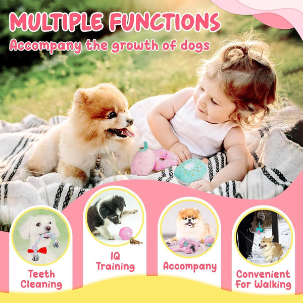XIUGOAL Pink Puppy Toys for Boredom - 23 Pack Puppy Chew Toys for Teething, Interactive Dog Toys for Puppies, Cute Small Dog Toys with Treat Ball, Squeaky Dog Chew Toys and Ropes4
