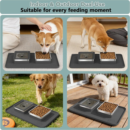 Dog Bowl Set, No Spill Dog Water and Food Bowl with Silicone Mat | Large Capacity 304 Stainless Steel Bowls, 2-In-1 Set, Slows Drinking, Anti-Slip Silicone Feeding Mat, Home/Travel, 6-7 Cups7