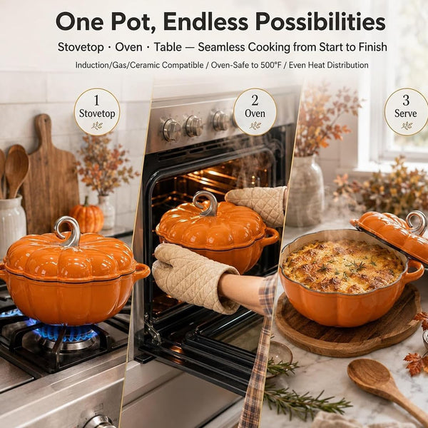 Pumpkin Dutch Oven Pot with Lid, Enameled Cast Iron Pumpkin Cookware, Even Heating Pumpkins Pot for Soup Stew Bread Baking, Dual Handles, Fall Decor，Orange A(1.5 Qt)4