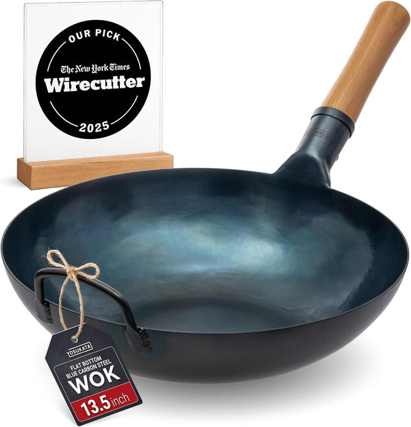 13.5" Pre-Seasoned Flat Bottom Blue Carbon Steel Wok for Stir Fry | Compatible with Open Fire, Gas, Electric, Ceramic, Induction Cooktops -Traditional Chinese Pan for BBQ, Grill, Camping1