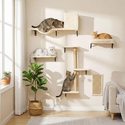 MEWANG 5-In-1 Cat Wall Shelves: Cat Climbing Furniture with Wall Mounted Perch & Lounge for Indoor Cats, Space-Saving Wall Pet Shelves for Play & Rest - Beige1