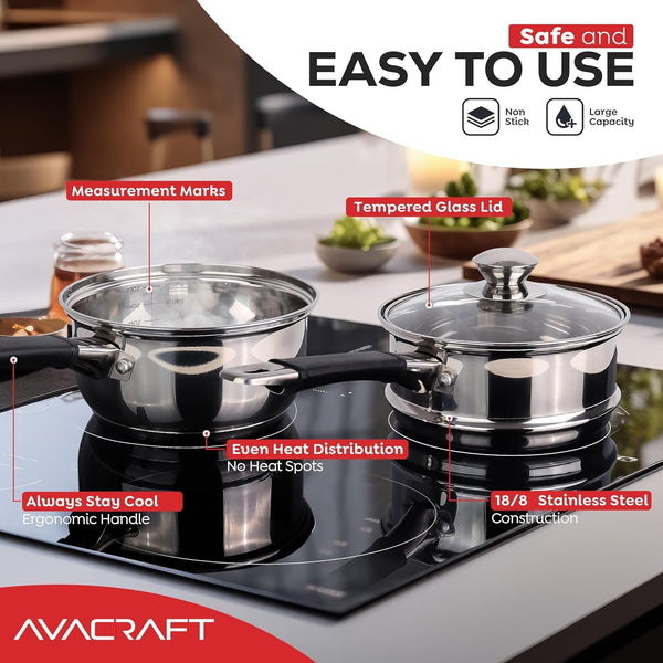1.5 Quart 18/8 Stainless Steel Double Boiler with Glass Lid | 5-Layer Capsule Base, Ideal for Melting Chocolate, Butter, Cheese, Wax, Long Stay-Cool Handle, Comfortable Grip4