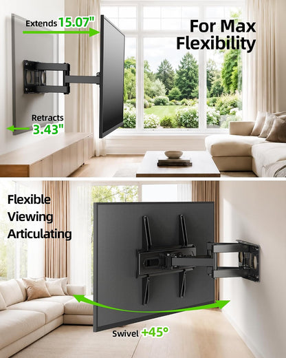 TV Wall Mount for 32-74 Inch Flat Screen/Led/4K up to 110Lbs, Full Motion TV Mount Bracket with Swivel & Tilt Articulating Dual Arms, Max VESA 400X400Mm, Fits 12/16" Wood Studs4