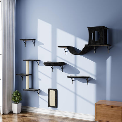 NUNU LAB Wall Mounted Cat Furniture Set - 6 Pcs Climber Set with House, Bridge, Steps, Scratcher Board - DIY Walls Playground, Indoor Cat Shelves - Gray22