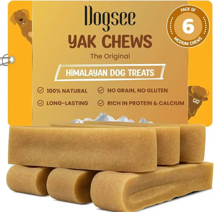 Dogsee Yak Chews for Dogs 1Lb (Medium - 6 Bars), 100% All Natural, 60% Protein, Dog Treats Medium Breed, Yak Chews Long Lasting for Aggressive Chewers, Raw Hide Free1
