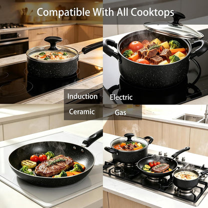 8 Piece Pots and Pans Set Non Stick, Non Stick Kitchen Cookware Set with 20Cm & 26Cm Frying Pans and 16Cm, 18Cm Saucepans with Lids and 20Cm Casserole Pot with Lid, Induction Compatible Pots,Black7