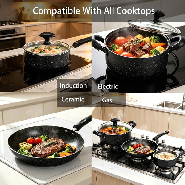 8 Piece Pots and Pans Set Non Stick, Non Stick Kitchen Cookware Set with 20Cm & 26Cm Frying Pans and 16Cm, 18Cm Saucepans with Lids and 20Cm Casserole Pot with Lid, Induction Compatible Pots,Black7