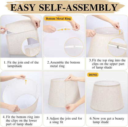 Large Drum Lamp Shades Set of 2, 12"Top X 16"Bottom X 11"High, Beige Lampshades for Table Lamps Floor Lamps, Natural Linen Replacement Lamp Shades, Spider, Harp Holders Included, Easy Assembly6