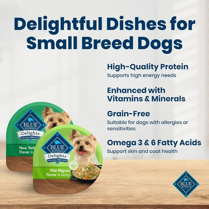 Blue Buffalo Delights Variety Pack Natural Grain Free Wet Dog Food for Small Breed Dogs (Filet Mignon Flavor & New York Strip Flavor) in Gravy with Natural Ingredients, 3.5-Oz. Each (12 Cups)3