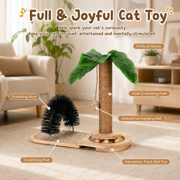 16.5” Tall Sisal Cat Scratching Post with Self Groomer | Interactive Sisal Hanging Ball,Fun Wooden Rolling Balls for Small Cats to Play Indoors,Natural Sisal Cat Scratch Posts3