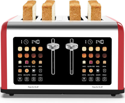 4 Slice Toaster Touch Screen, Stainless Steel Toasters Digital Timer, Dual Control Panel Toasters, 8 Shade Settings 6 Bread Types for Bagel, Cancel, Defrost 1650W Red1