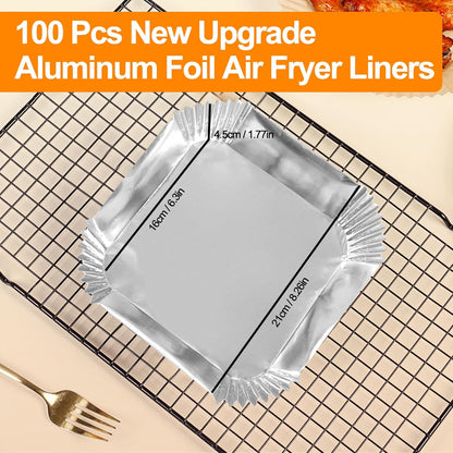 Air Fryer Liners, 100Pcs Aluminum Foil Air Fryer Disposable Paper Liner | 6.3” Square Non-Stick Sheets, Food Grade Aluminum Foil for Baking, Frying, Grilling, Roasting Microwave5