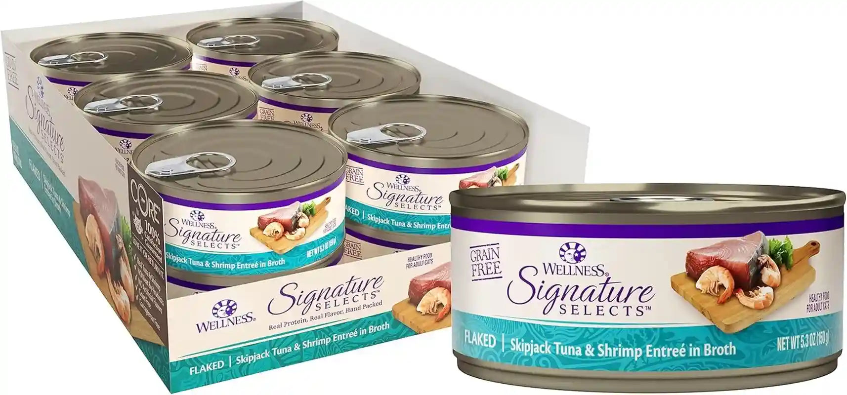 wellness-core-signature-selects-flaked-adult-canned-wet-cat-food-natural-protein-rich-grain-free-skipjack-tuna-and-wild-salmon-entree-recipe-2-8-oz-pack-of-12-cans
