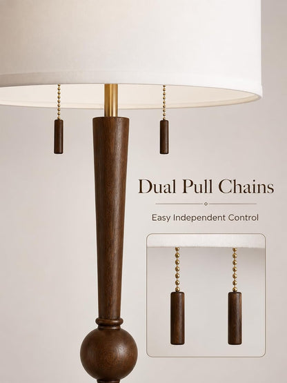 Solid Wood Floor Lamp for Living Room,Pull Chains Standing Lamp | 62.8" Tall,17" White Drum Shade,Sculptural Wood Base & Stem,2-Light Design,Standing Lamp for Bedroom,2 Bulbs Included7