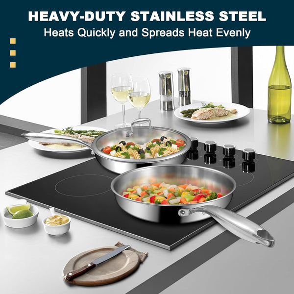 Tri-Ply Stainless Steel Frying Pans Set with Lid,  8”/10”/12” Cooking Pans, PFOA&PTFE Free Skillet, Induction Cooking Pan, Dishwasher and Oven Safe, Fast & Even Heat, Suitable for All Stove7