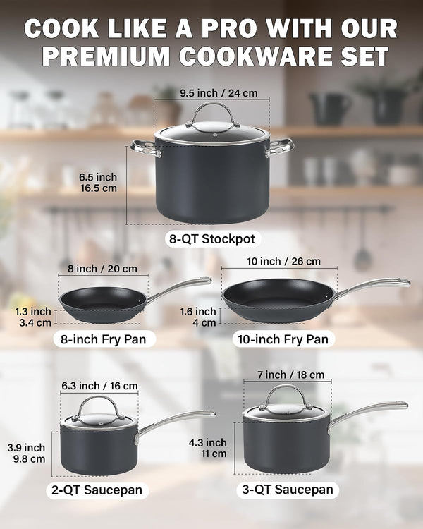 8-Piece Hard-Anodized Hybrid Nonstick Cookware Set Black | Kitchen Pots and Pans Set Includes Saucepans, Stockpot, Frying Pans & Lids, Not Induction, Stay-Cool SS Handles2