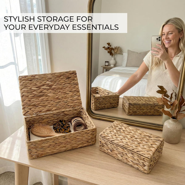 Decorative Storage Boxes with Lids - Set of 2 Wicker Organizer Bins | Beautiful Rattan Design for Shelves and Home Decor - Safely Store Photos, Documents and Memory Box Keepsakes in Style6