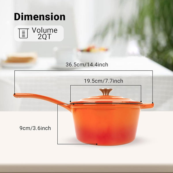 Enameled Cast Iron Sauce Pan, 2 Quarts round Sauce Pot with Lid, Mini Dutch Oven Enamel Saucepan for Cooking Pasta Sauce, Marinate, Cook, Refrigerate and Serve, Flame Orange7