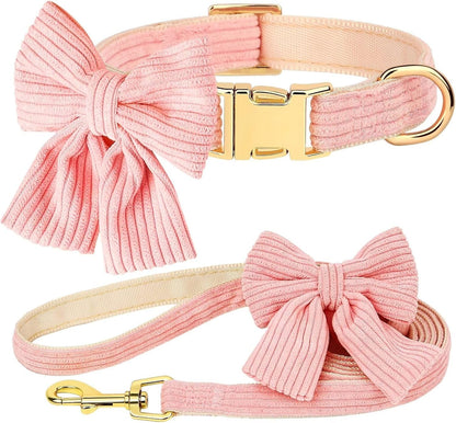 Didog Cute Dog Collar and Leash Set with Large Bowtie, Pink, S | Girl Dog Collars, Soft and Adjustable, Secure Metal Buckle, for Small Medium Dogs, S,Neck 10-16"1
