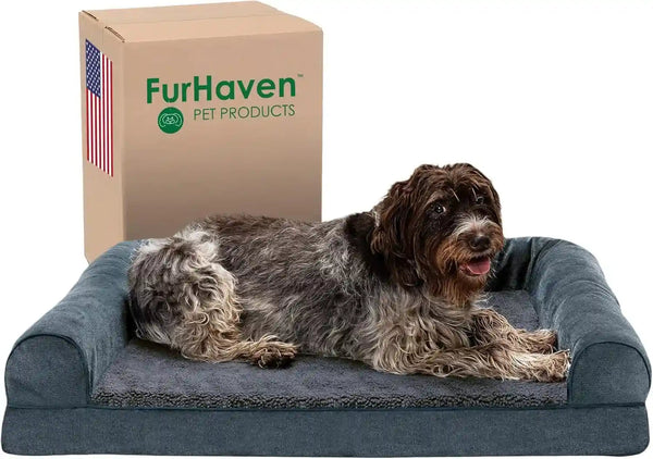 Furhaven Memory Foam Dog Bed for Medium/Small Dogs W/ Removable Bolsters & Washable Cover, for Dogs up to 35 Lbs - Luxe Faux Fur & Performance Linen Sofa - Woodsmoke, Medium19