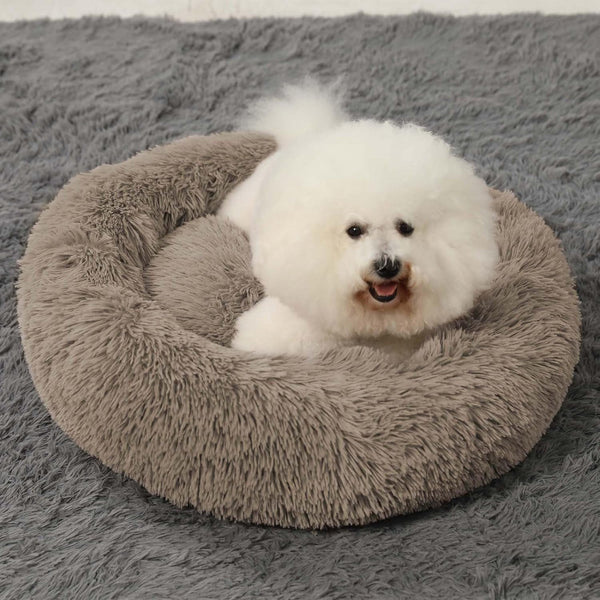HACHIKITTY Calming Donut Cuddler Dog Bed, round Fluffy Pet Bed with Sewn-In Cushion for Large Dogs,Washable, Large, Taupe, 30''13