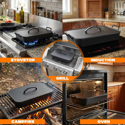 Cast Iron Dutch Oven Casserole Dish, 16.5"X10.5"X7" | with Skillet Lid & Handle, for Induction, Gas Oven, Baking Pan Griddle Pot Set for Stewing, Searing and Bread Baking4