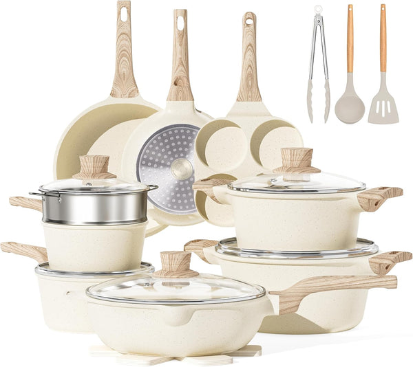 Kitchen Cookware Sets Pots and Pans Set Non Stick 21 Pcs | Granite Induction Cookware with Steamer Basket Nonstick Cooking Pot and Pan Set 4-Cup Egg Pan Set PFOS PFOA Free Cream White1