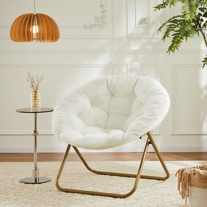 Faux Fur Saucer Chair, Foldable Comfy Chair for Bedroom, White | Lounge XL Moon Mushroom Style, Circle round Oversized Accent Seat, Gaming Dorm Small Spaces, Comfortable Modern9