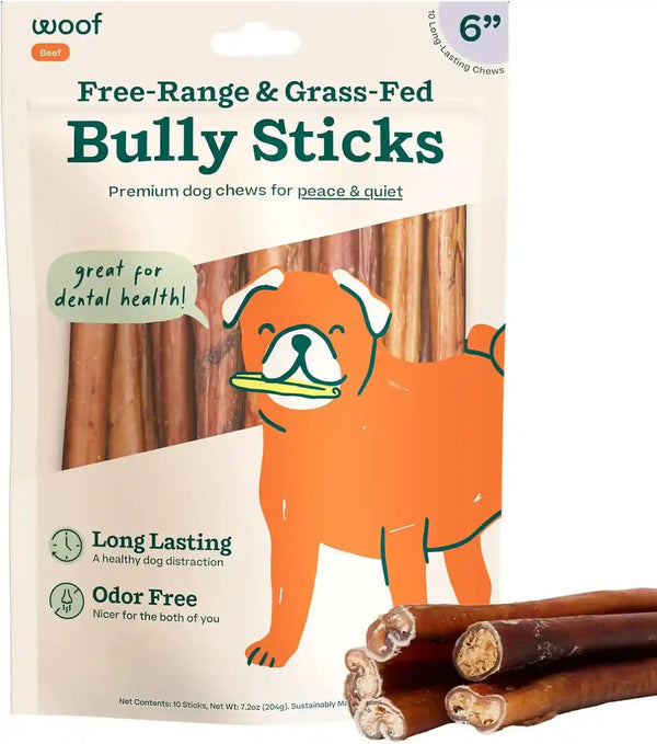WOOF Bully Sticks Dog Treats - Chew Sticks for Dogs - Long-Lasting Dog Chew Treats - Made with Free-Range, Grass-Fed Beef - 6" Sticks - 10Pk1