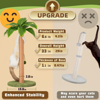Meowoou Cat Scratching Post 33 Inch Tall Cat Scratcher for Indoor Cats Adults,Small Cat Tree Tower Sisal Rope Kitten Scratch with Interactive Hanging Ball3