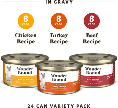 Amazon Brand - Wonder Bound Gourmet Wet Cat Food in Gravy Variety Pack (Turkey, Chicken, Beef), Poultry, Made in USA, 3 Ounce (Pack of 24)3