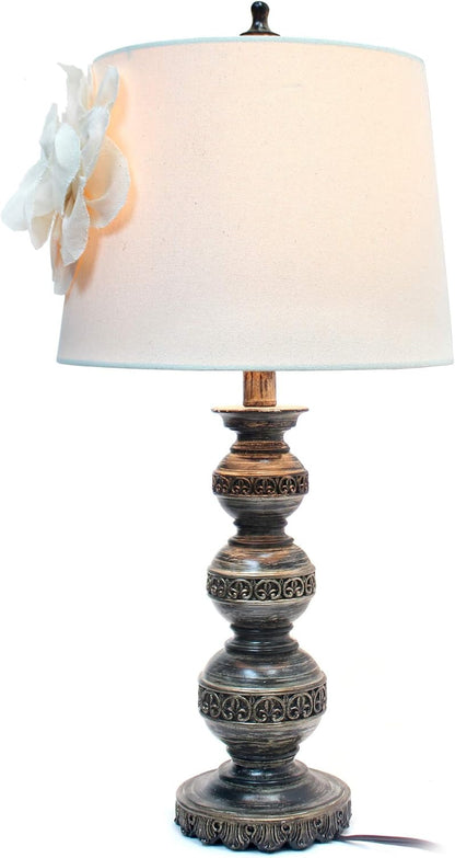 LT3097-WHT Stacked Ball Lamp with Couture Linen Flower Shade, Aged Bronze6