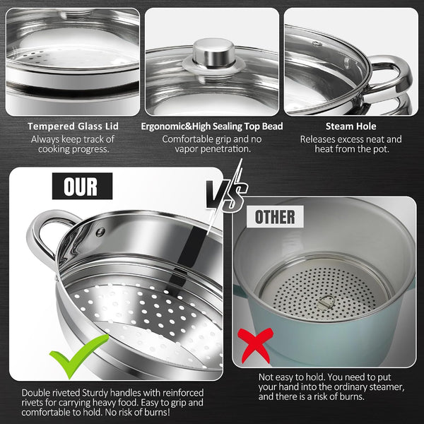 ® 4 Quart 18/10 Stainless Steel Tri-Ply Stockpot and Steamer with Tempered Glass Lid, Multipurpose Steamer Pot Compatible with All Cooktops, Non-Toxic Soup Pot, Oven & Dishwasher Safe (Silver)4
