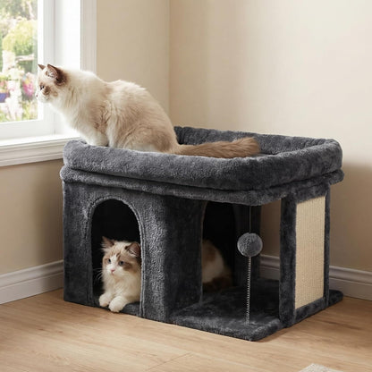 Heybly Cat Tree, 14" Cat Tower with Large Cat Bed & Condo HCT203SW | Cat Furniture for Indoor Cats Large Adult, Cat House with Scratching Posts and Spring Balls for Kittens, Light Gray9