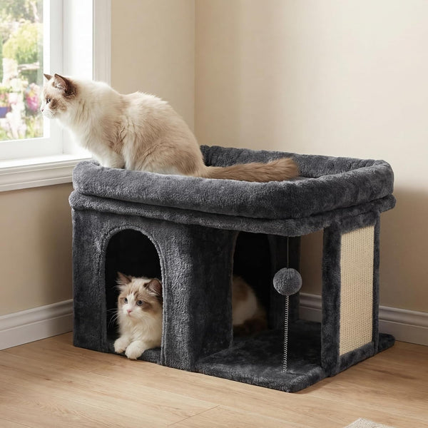 Heybly Cat Tree, 14" Cat Tower with Large Cat Bed & Condo HCT203SW | Cat Furniture for Indoor Cats Large Adult, Cat House with Scratching Posts and Spring Balls for Kittens, Light Gray9