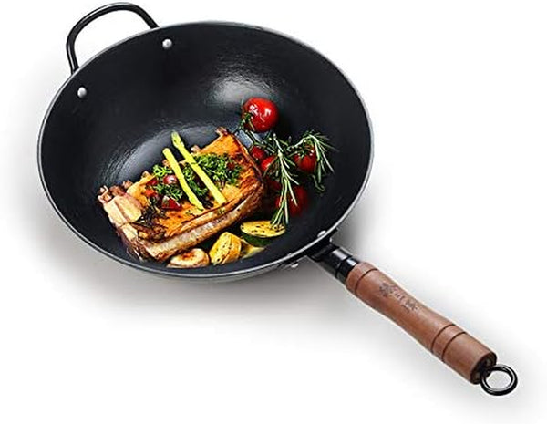 Zhensanhuan Cast Iron Woks and Stir Fry Pans, No Coating, Induction Suitable, Flat Bottom (32Cm/12.6In)8